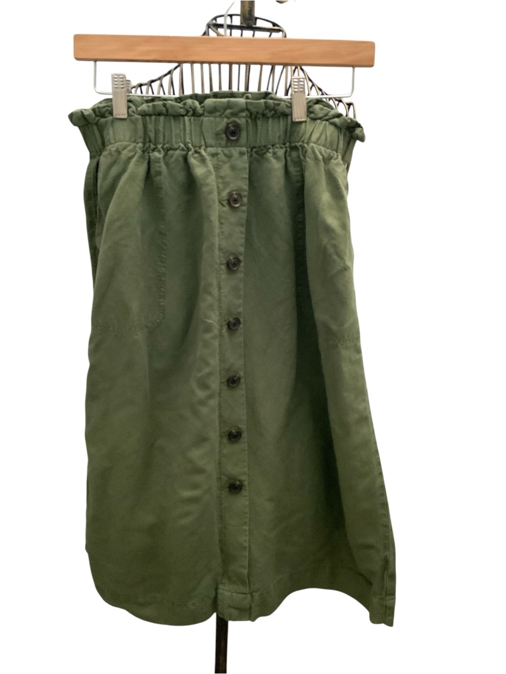 Madewell Paperbag Olive Green Button-Front Linen Blend Midi Skirt Small